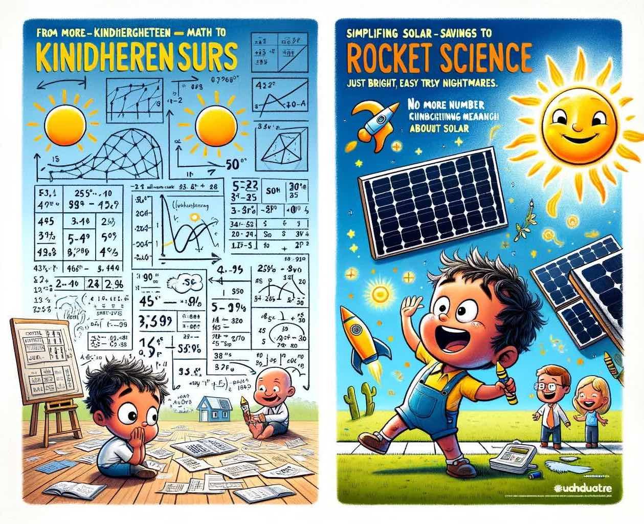 Humorous solar ad showing a transition from complex math to simple solar drawings, symbolizing easy solar savings.