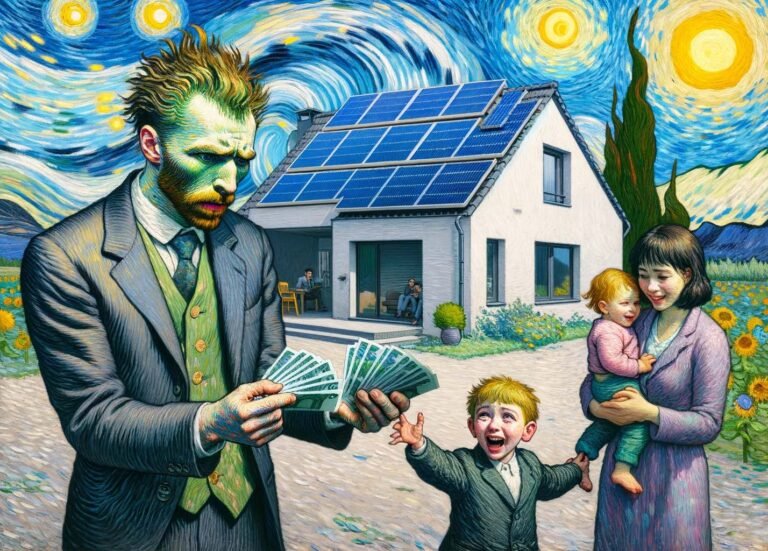 Illustration of a worried businessman paying a joyful family against a backdrop of a solar-paneled house, Van Gogh style.