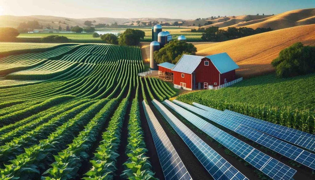 Rural farm with rows of solar panels integrated among crops, a classic red barn in the background under a clear sky.