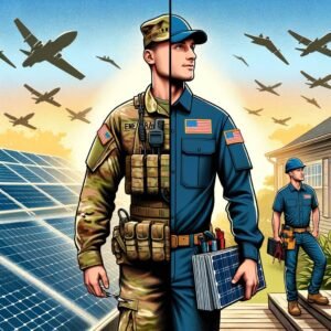 Swipe this for social media. The image illustrates a transformative journey of an American military soldier into a solar panel installer.
